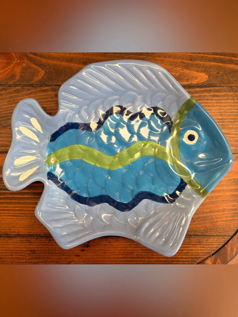 Decorative Blue Fish Ceramic Dish - Light Blue & Green